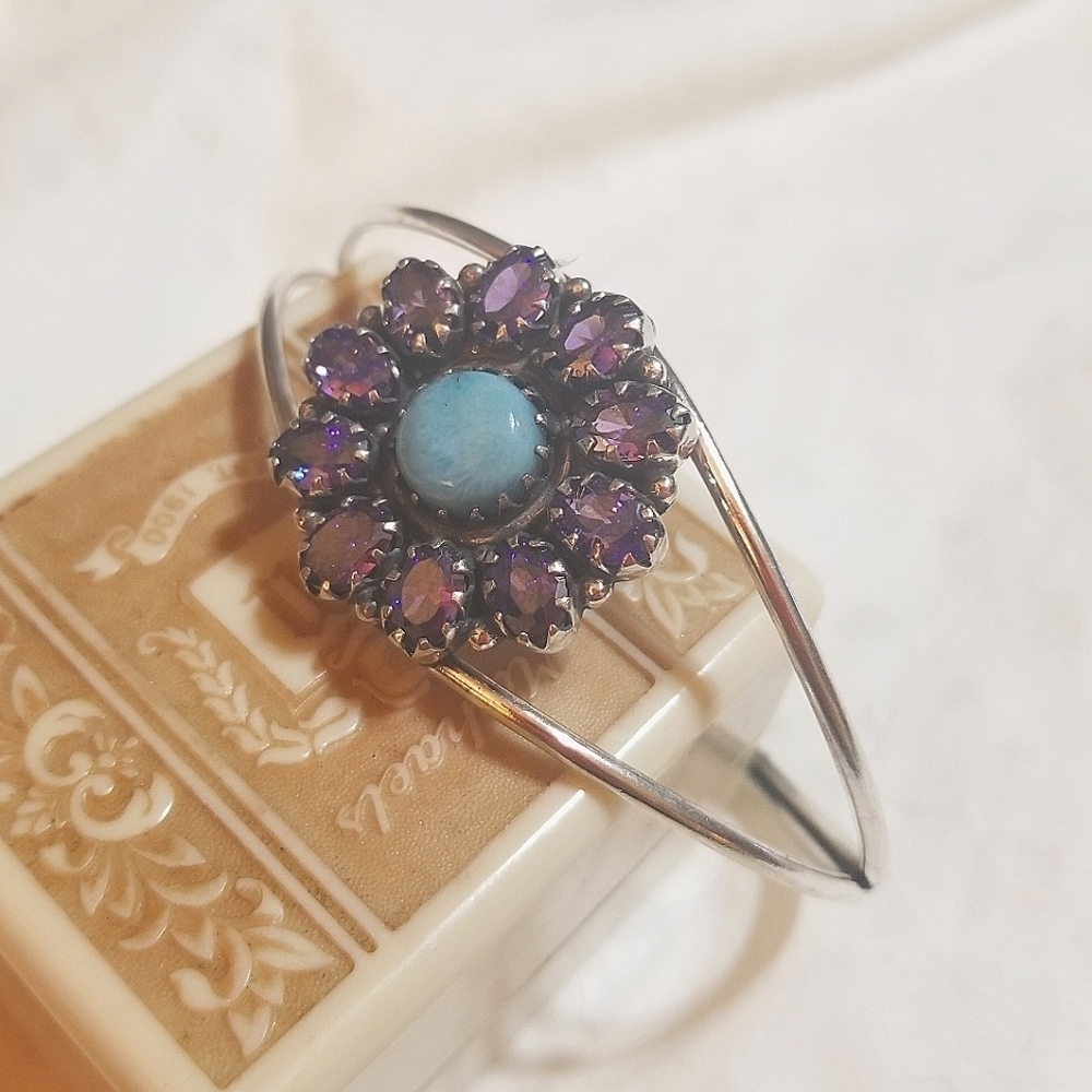 20.91 Carats! TANZANITE LARIMAR Sterling Bangle Bracelet Vintage - Picture 7 of 8